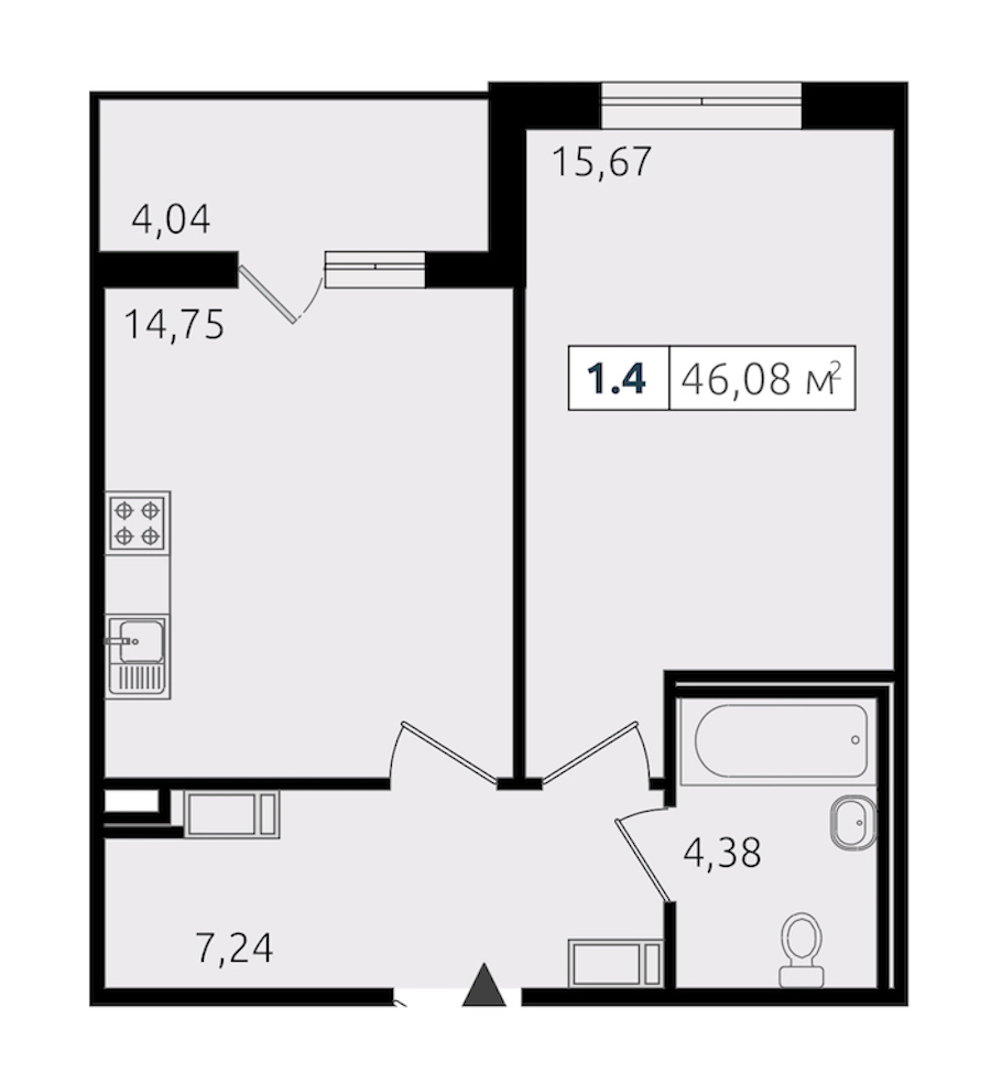 1-комнатная квартира 42.04 м², 14/14 эт., ЖК «Чёрная речка»